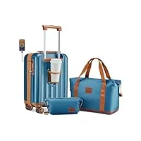 joyway set de 3 valises de valise cabine taille rigide extensible 45cm à 4 roulettes et serrure tsa + pliable sac de voyage pour sport avec trousse de maquillage, bleu foncé marron