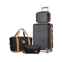 kono set de 4 valises de voyage rigide bagage cabine 55cm avec portable vanity case + pliable sac de voyage pour sport avec trousse de maquillage, noir/marron