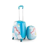 costway valise enfants à roulettes 16’’ & sac à dos 12’’ avec poignée télescopique, bagage enfants avec 4 roues rotatives motif vifs, lot de 2 valise pour fille garçon (bleu-orange licorne)