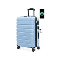 anyzip valise trolley cabine pc abs avec usb et serrure tsa trolley rigide bagages cabine avec 4 roulettes (bleu clair,l)