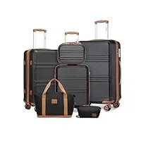 kono set de 6 valises de voyage rigide ensemble de valise (55/65/74cm) à 4 roulettes avec portable vanity case + pliable sac de voyage pour sport avec trousse de maquillage, noir/marron