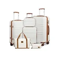 kono set de 6 valises de voyage rigide ensemble de valise (55/65/74cm) à 4 roulettes avec portable vanity case + pliable sac de voyage pour sport avec trousse de maquillage, blanc crème