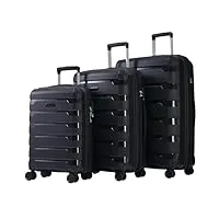alukkay lot de 3 valises rigides en polypropylène léger et extensible - valise de voyage durable - bagage à main avec serrure tsa et 4 roulettes universelles - compartiments intérieurs, noir