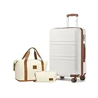 kono ensemble de valises de voyage rigides avec serrure tsa lot de 3 valises incluses 1 sac de sport et 1 trousse de toilette, crème, blanc, 24 inch luggage set