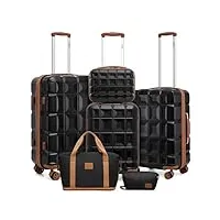 kono ensemble de valises rigides en abs avec sac de voyage et trousse de toilette, valise cabine légère avec serrure tsa, noir/marron, 6 piece set, ensemble de valises de cabine légères à coque rigide