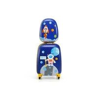 set de 2 valises giantex valise enfants à roulettes 16'' & sac à dos 12'' avec poignée télescopique, avec motif astronaute, 4 roues rotatives